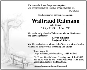 Anzeige  Waltraud Raimann  Lippische Landes-Zeitung