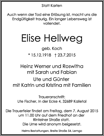 Anzeige  Elise Hellweg  Lippische Landes-Zeitung