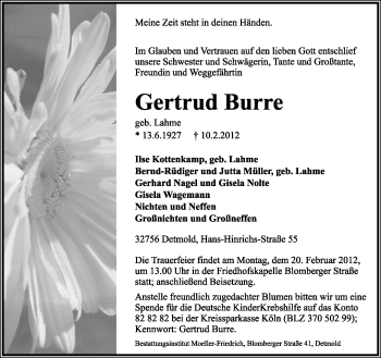 Anzeige  Gertrud Burre  Lippische Landes-Zeitung