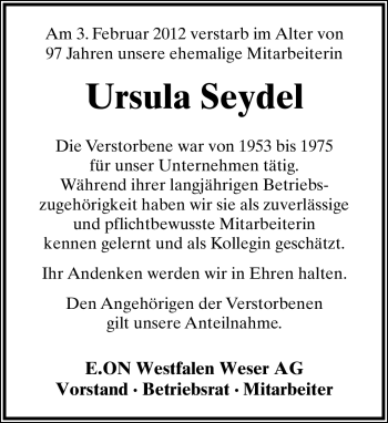 Anzeige  Ursula Seydel  Lippische Landes-Zeitung