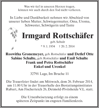 Anzeige  Irmgard Rottschäfer  Lippische Landes-Zeitung
