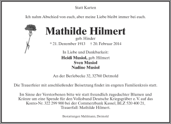 Anzeige  Mathilde Hilmert  Lippische Landes-Zeitung