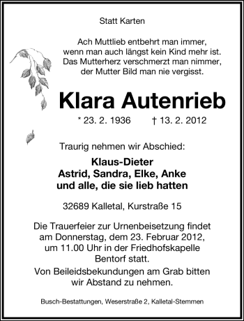 Anzeige  Klara Autenrieb  Lippische Landes-Zeitung