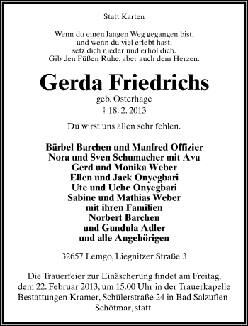 Anzeige  Gerda Friedrichs  Lippische Landes-Zeitung