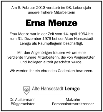 Anzeige  Erna Menze  Lippische Landes-Zeitung