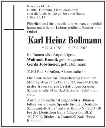 Anzeige  Karl Heinz Bollmann  Lippische Landes-Zeitung