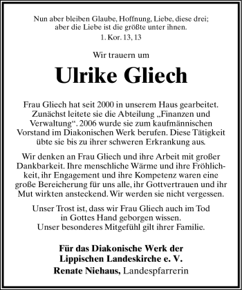 Anzeige  Ulrike Gliech  Lippische Landes-Zeitung