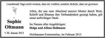 Anzeige  Sophie Oltmann  Lippische Landes-Zeitung