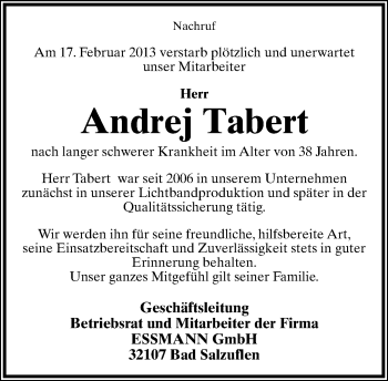 Anzeige  Andrej Tabert  Lippische Landes-Zeitung