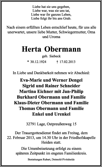 Anzeige  Herta Obermann  Lippische Landes-Zeitung