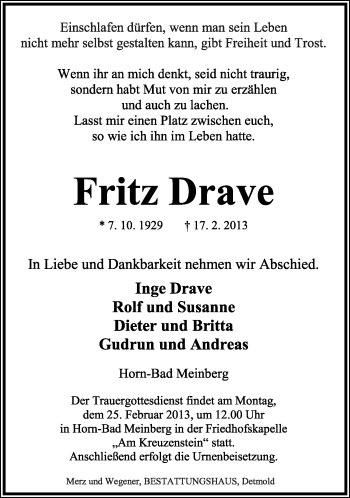 Anzeige  Fritz Drave  Lippische Landes-Zeitung