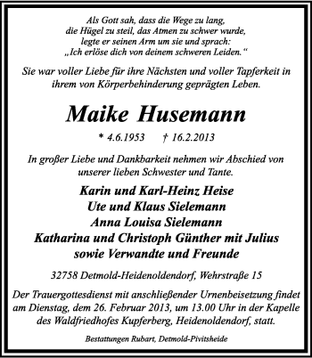 Anzeige  Maike Husemann  Lippische Landes-Zeitung