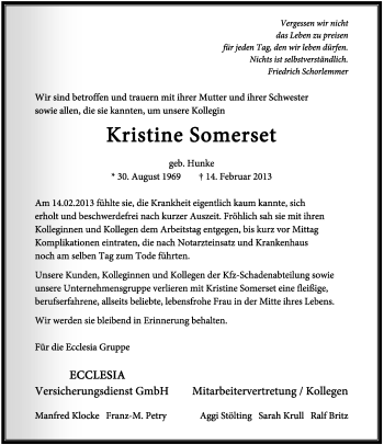 Anzeige  Kristine Somerset  Lippische Landes-Zeitung