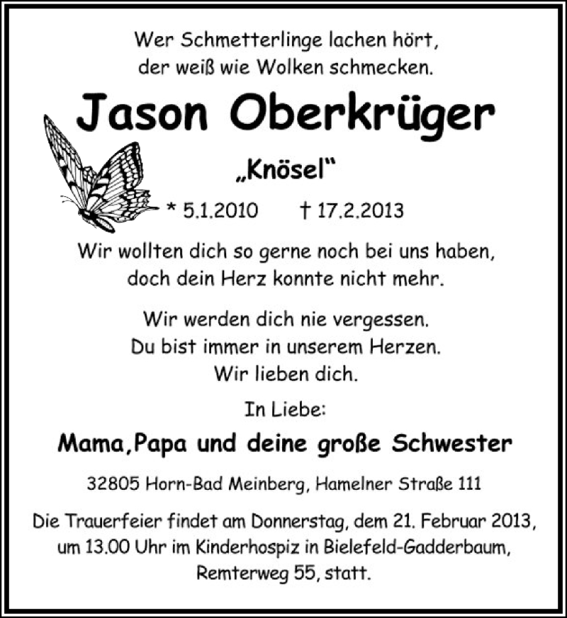  Traueranzeige für Jason Oberkrüger vom 20.02.2013 aus Lippische Landes-Zeitung