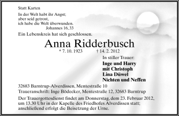 Anzeige  Anna Ridderbusch  Lippische Landes-Zeitung