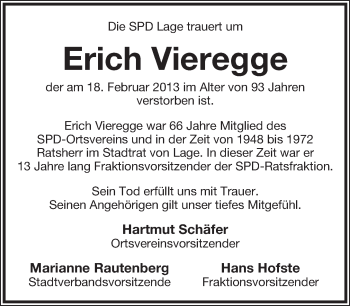 Anzeige  Erich Vieregge  Lippische Landes-Zeitung