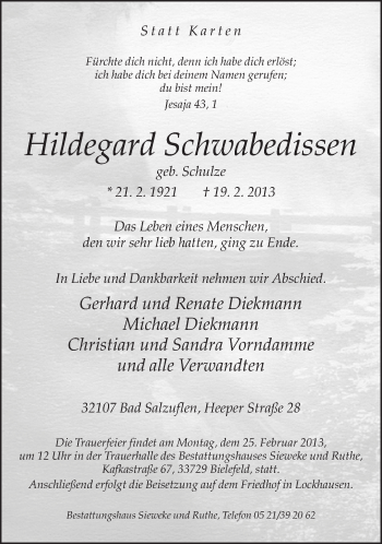 Anzeige  Hildegard Schwabedissen  Lippische Landes-Zeitung
