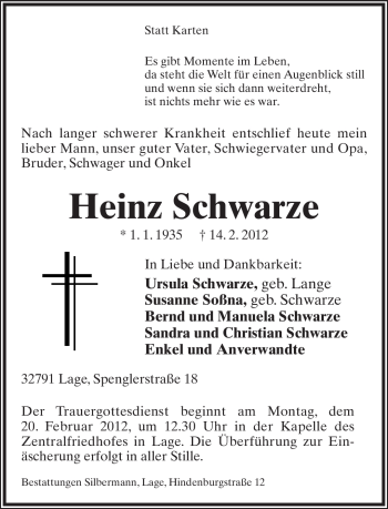 Anzeige  Heinz Schwarze  Lippische Landes-Zeitung