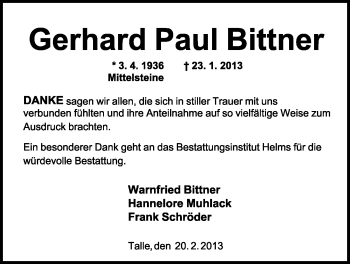 Anzeige  Gerhard Paul Bittner  Lippische Landes-Zeitung