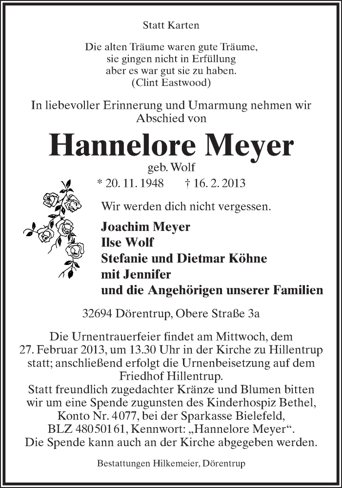  Traueranzeige für Hannelore Meyer vom 21.02.2013 aus Lippische Landes-Zeitung