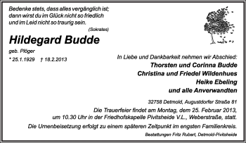 Anzeige  Hildegard Budde  Lippische Landes-Zeitung