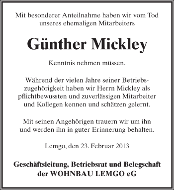 Anzeige  Günther Mickley  Lippische Landes-Zeitung