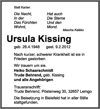 Anzeige  Ursula Kissing  Lippische Landes-Zeitung
