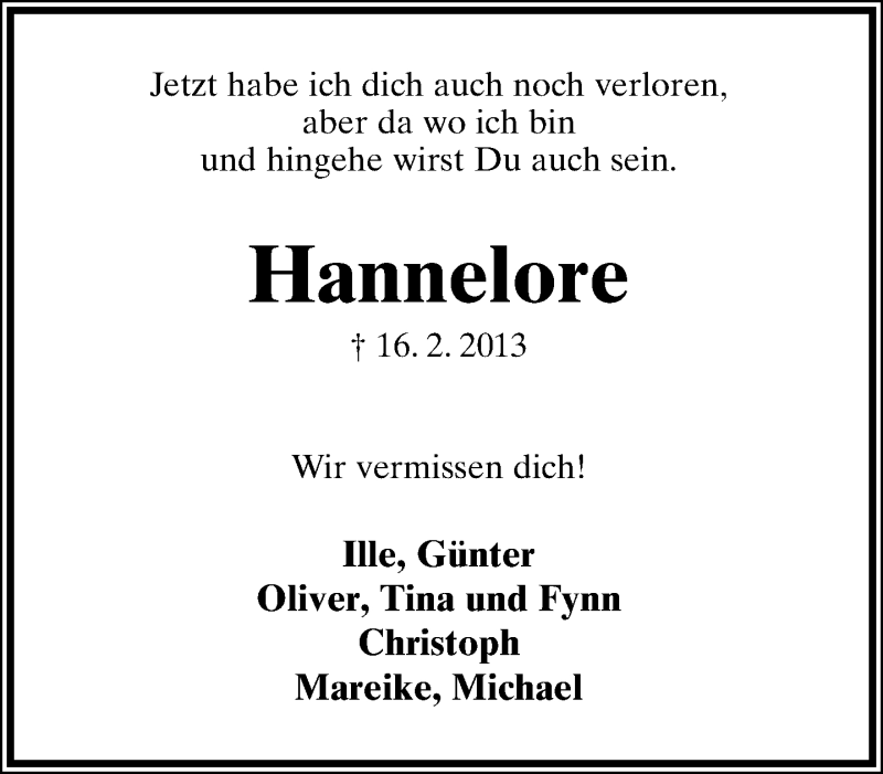  Traueranzeige für Hannelore Meyer vom 21.02.2013 aus Lippische Landes-Zeitung