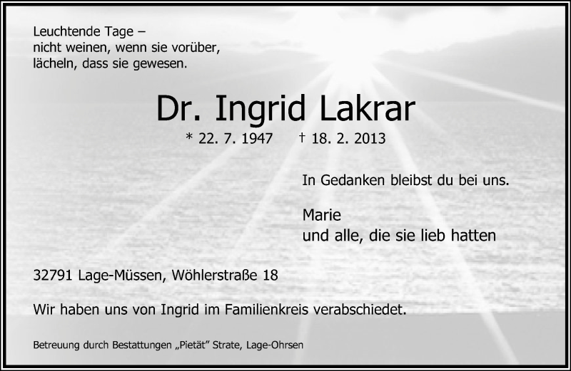  Traueranzeige für Ingrid Lakrar vom 23.02.2013 aus Lippische Landes-Zeitung