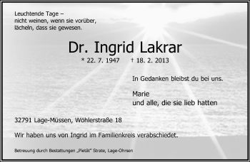 Anzeige  Ingrid Lakrar  Lippische Landes-Zeitung