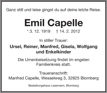 Anzeige  Emil Capelle  Lippische Landes-Zeitung