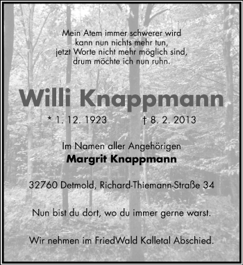 Anzeige  Willi Knappmann  Lippische Landes-Zeitung
