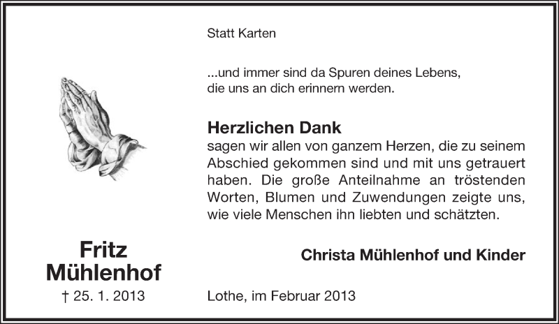  Traueranzeige für Fritz Mühlenhof vom 23.02.2013 aus Lippische Landes-Zeitung