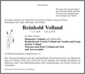 Anzeige  Reinhold Volland  Lippische Landes-Zeitung