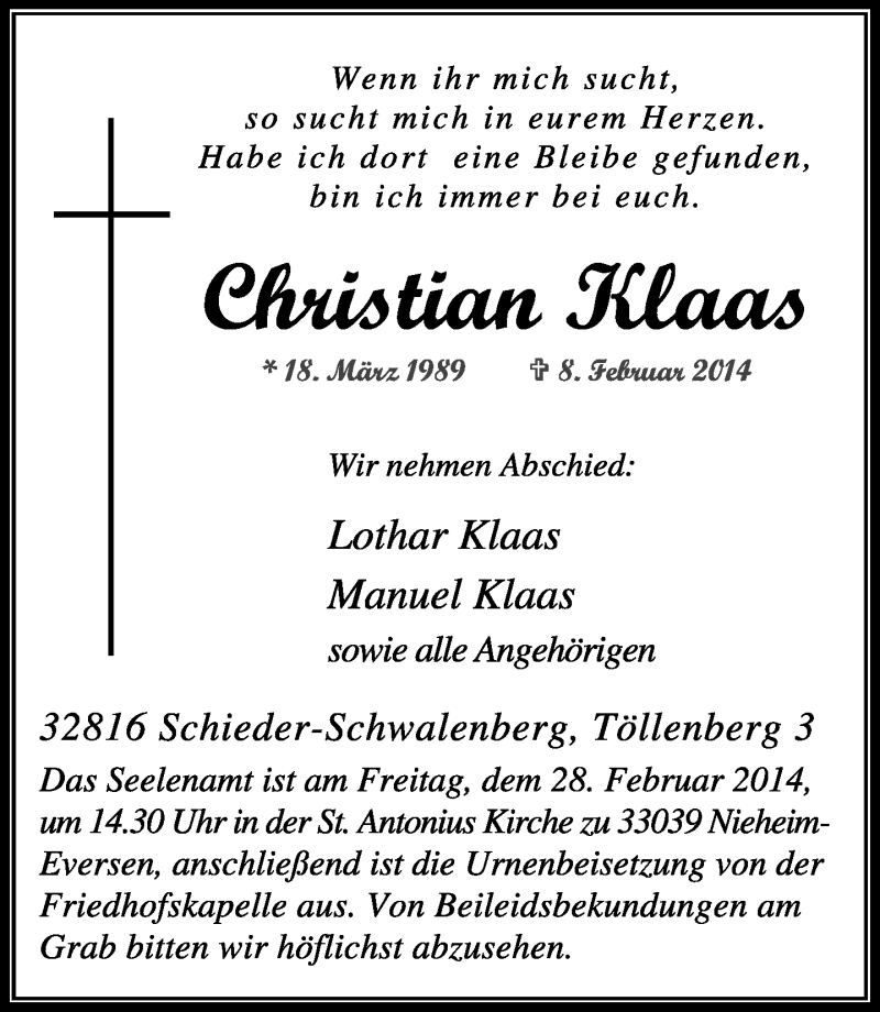 Traueranzeige für Christian Klaas vom 22.02.2014 aus Lippische Landes-Zeitung