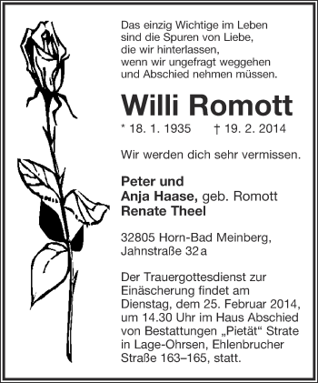 Anzeige  Willi Romott  Lippische Landes-Zeitung