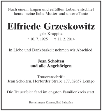 Anzeige  Elfriede Grzeskowitz  Lippische Landes-Zeitung
