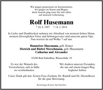Anzeige  Rolf Husemann  Lippische Landes-Zeitung