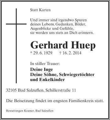 Anzeige  Gerhard Huep  Lippische Landes-Zeitung