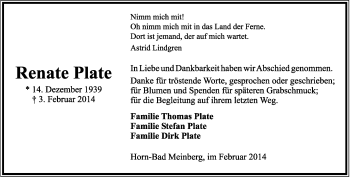 Anzeige  Renate Plate  Lippische Landes-Zeitung