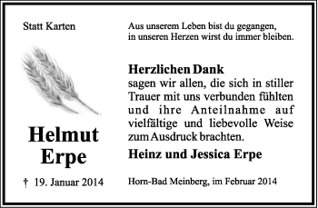 Anzeige  Helmut Erpe  Lippische Landes-Zeitung
