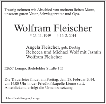 Anzeige  Wolfram Fleischer  Lippische Landes-Zeitung
