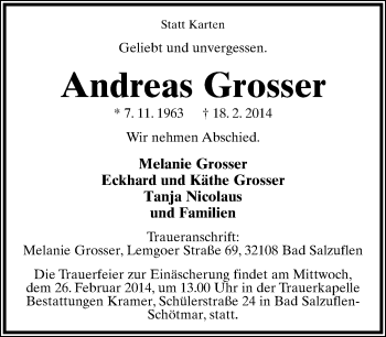 Anzeige  Andreas Grosser  Lippische Landes-Zeitung