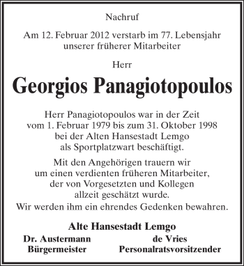 Anzeige  Georgios Panagiotopoulos  Lippische Landes-Zeitung