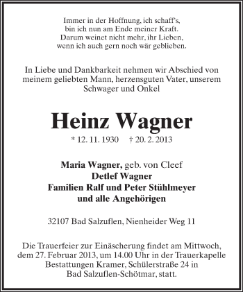Anzeige  Heinz Wagner  Lippische Landes-Zeitung