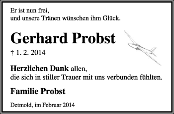 Anzeige  Gerhard Probst  Lippische Landes-Zeitung