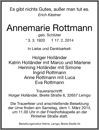 Anzeige  Annemarie Rottmann  Lippische Landes-Zeitung