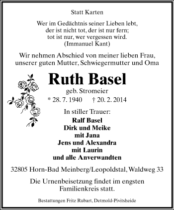 Anzeige  Ruth Basel  Lippische Landes-Zeitung