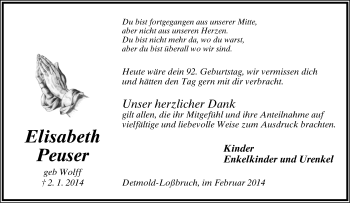 Anzeige  Elisabeth Peuser  Lippische Landes-Zeitung