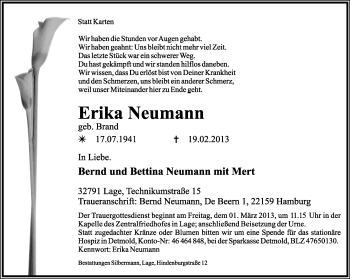 Anzeige  Erika Neumann  Lippische Landes-Zeitung